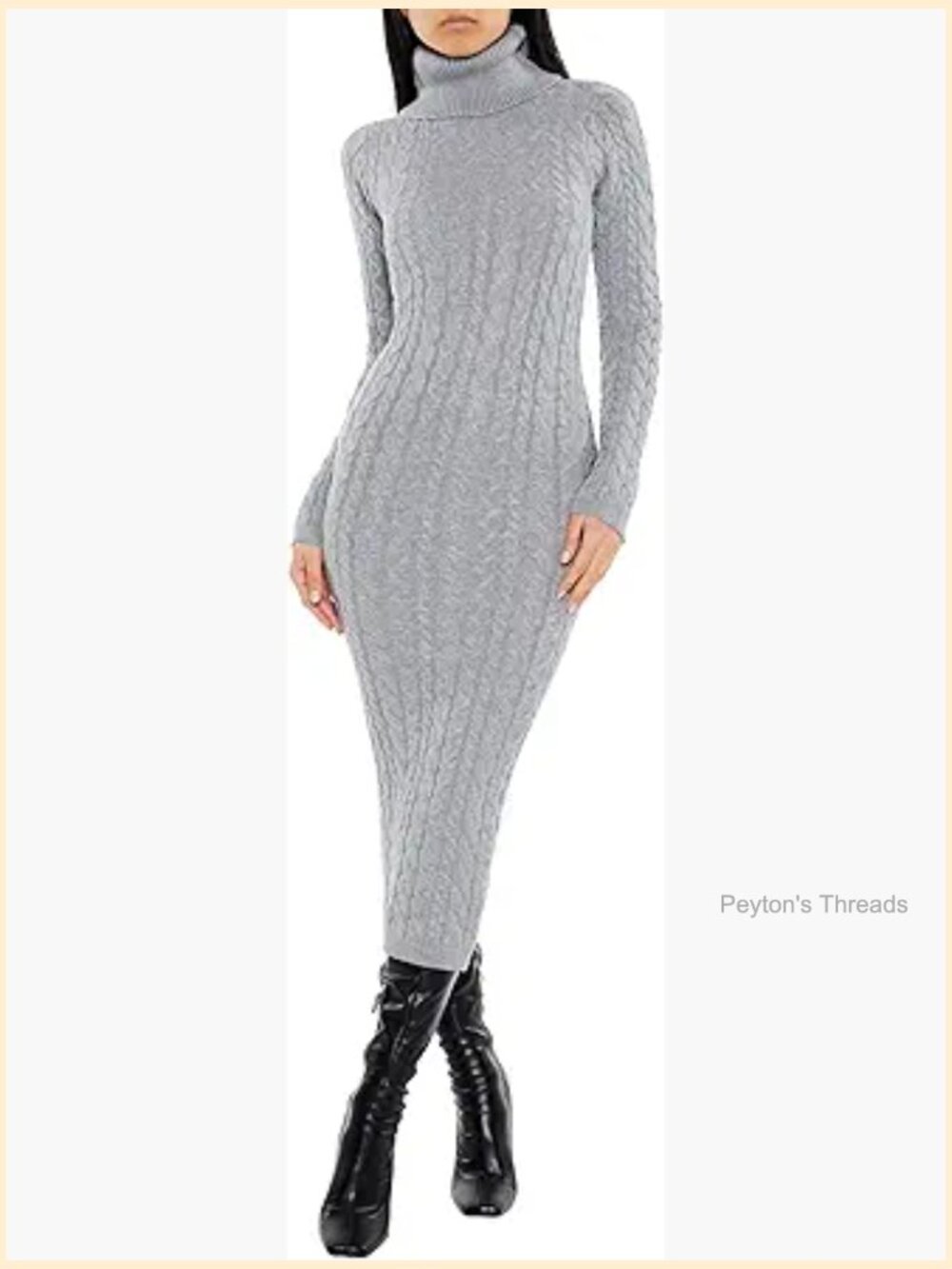 Cable Knit Midi Sweater Dress - Bodycon, Turtleneck, Long Sleeve